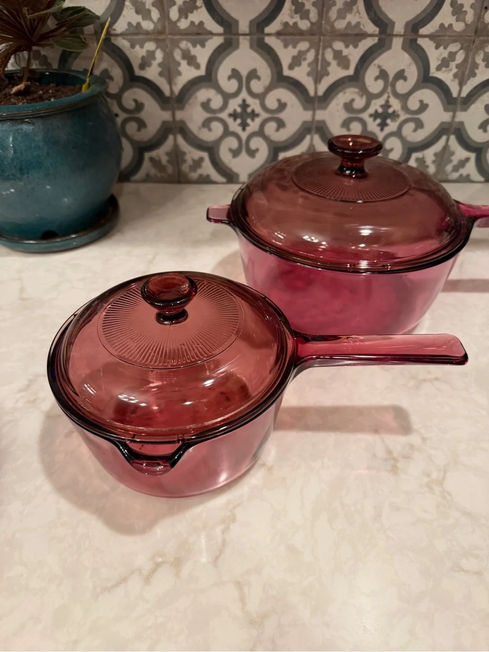 RARE! Vintage Visions Cranberry Saucepans with Lids- Set of 2